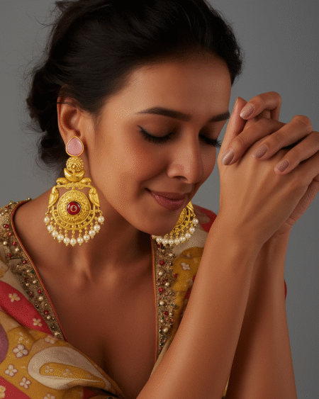 Pink Stone Pearl Tassel Antique Jhumka Earrings by VIKTAMNA