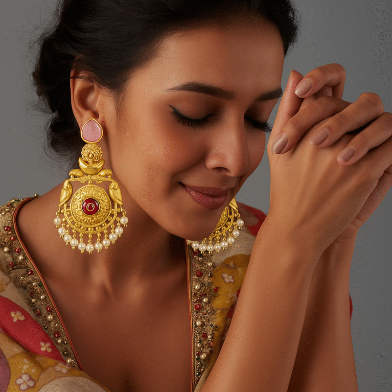 Pink Stone Pearl Tassel Antique Jhumka Earrings by VIKTAMNA