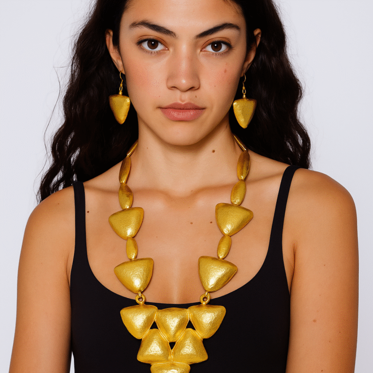 Handcrafted Textured Gold Shield Necklace Set