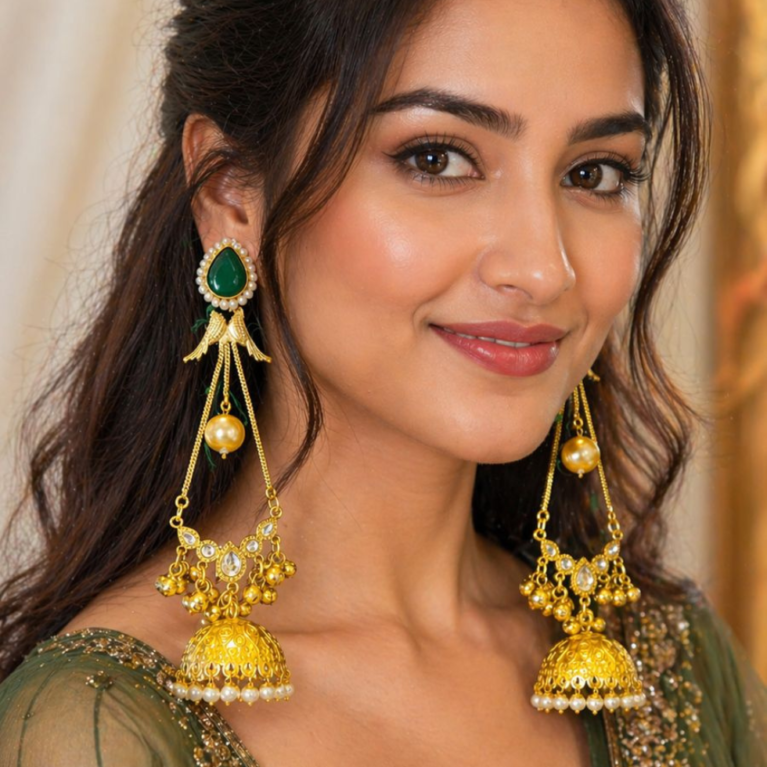 Royal Emerald Pearl Jhumka Earrings