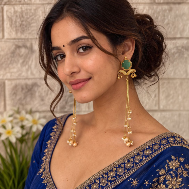 Emerald Chain Drop Kashmiri Earrings