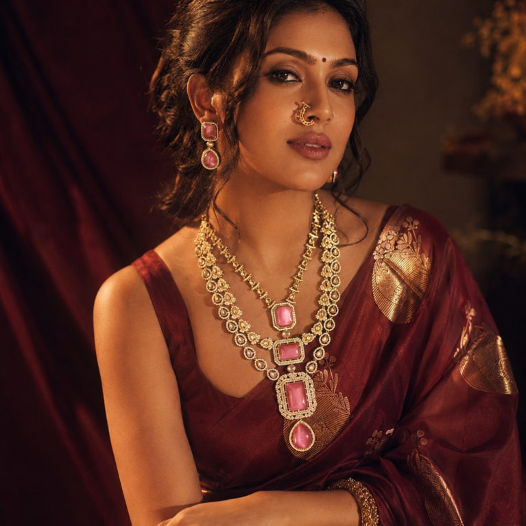 Royal Pink Stone Layered Necklace Set