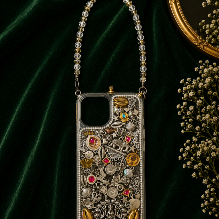 Viktamna Lakshmi Heritage Phone Cover || Luxury Handcrafted Charm Case with Crystal Handle