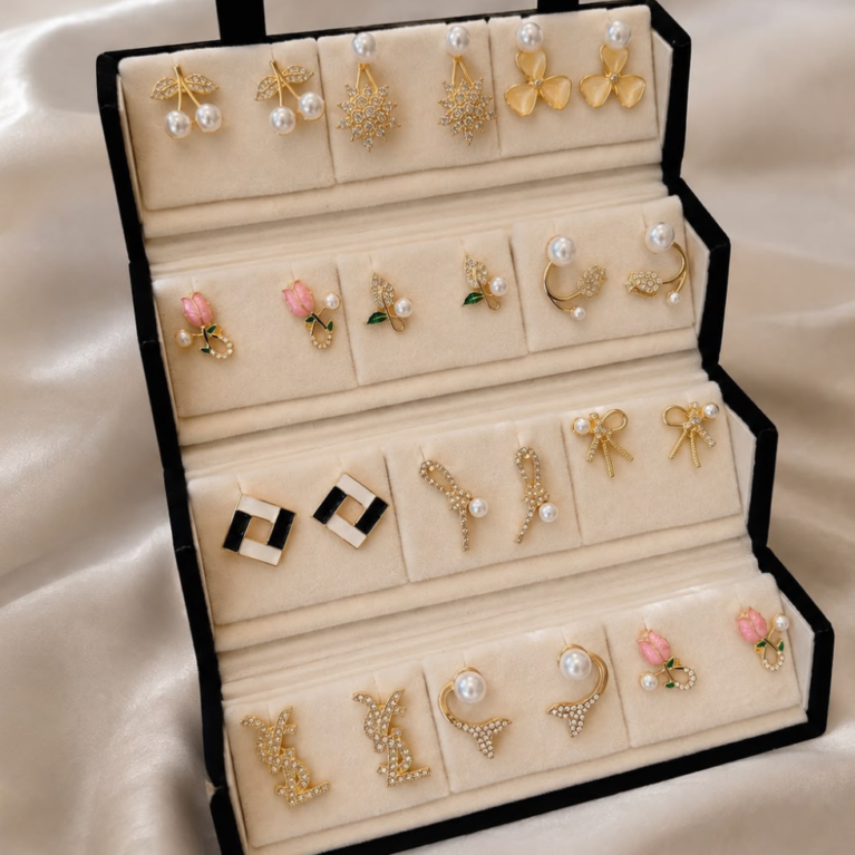 12-Pair Premium Pearl & Floral Designer Earrings Set