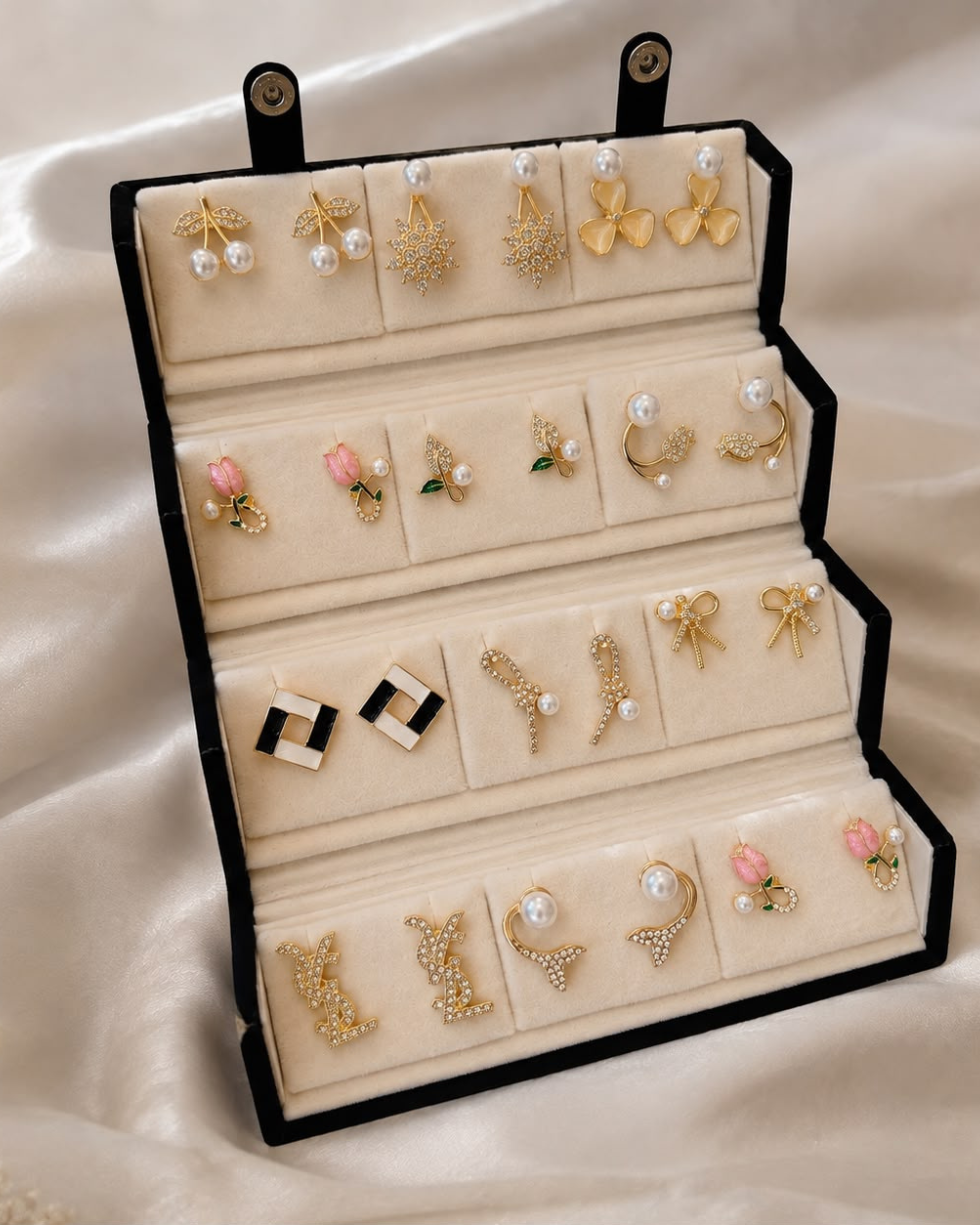 12-Pair Premium Pearl & Floral Designer Earrings Set