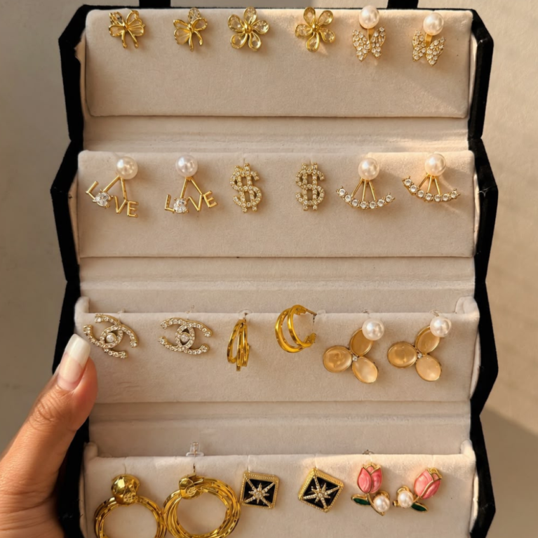 12-Pair Premium Gold-Tone Fashion Earrings Set – Pearl, Crystal & Designer Earrings
