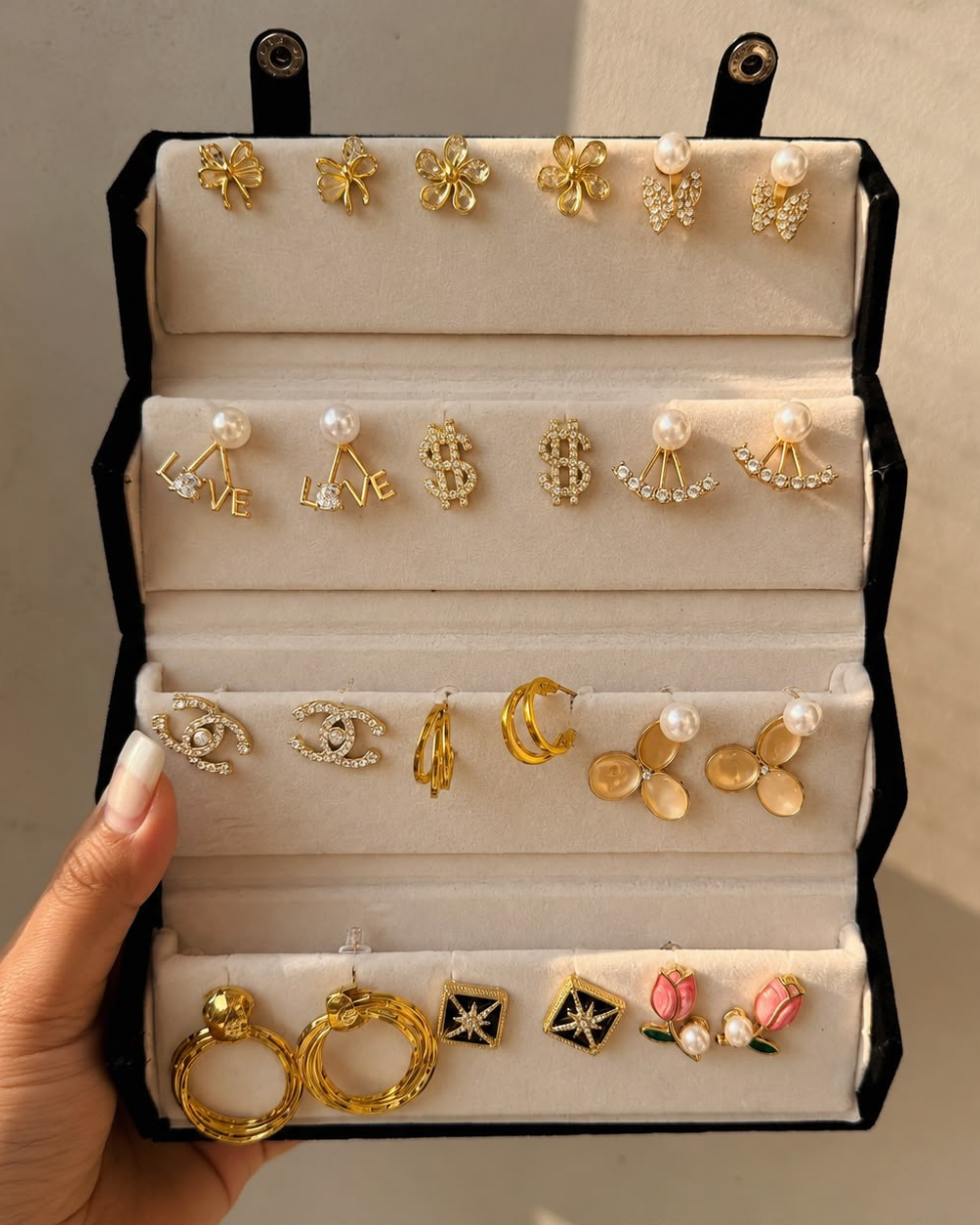 12-Pair Premium Gold-Tone Fashion Earrings Set – Pearl, Crystal & Designer Earrings