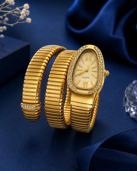 Royal Gold Serpentine Crystal Wrap Watch White Dial